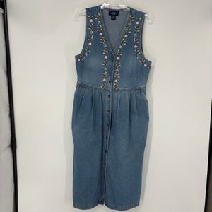 Denim Dress Womens 12P Blue Floral Embroidered Modest Button Front Midi
